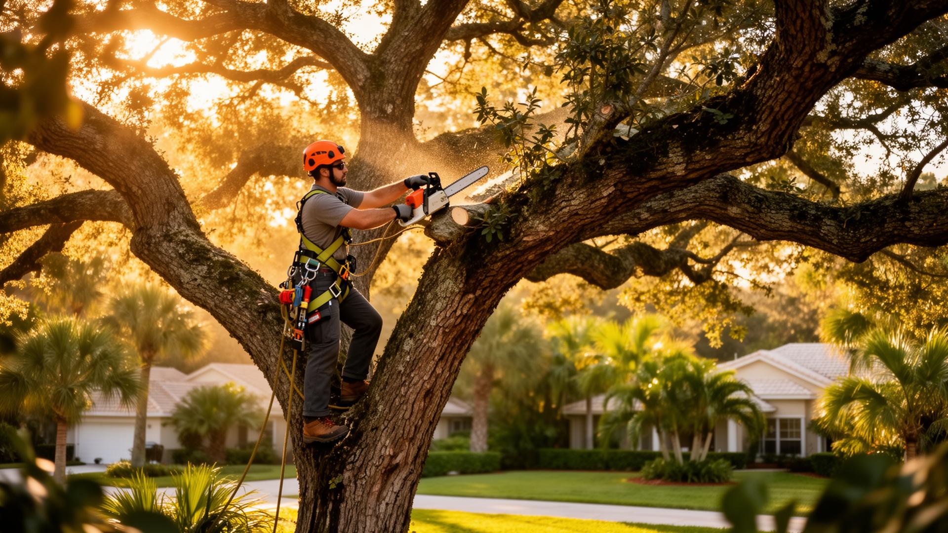 Professional arborist pruning a large oak tree